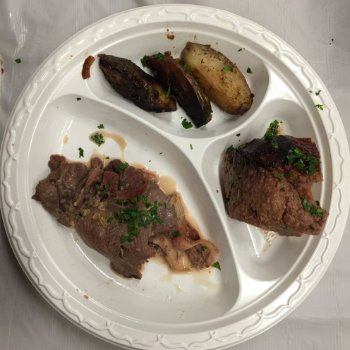 Clockwise from right: Venison Meatloaf, Sliced Venison Roast w/ Cognac Sauce, Rosemary Red Potatoes